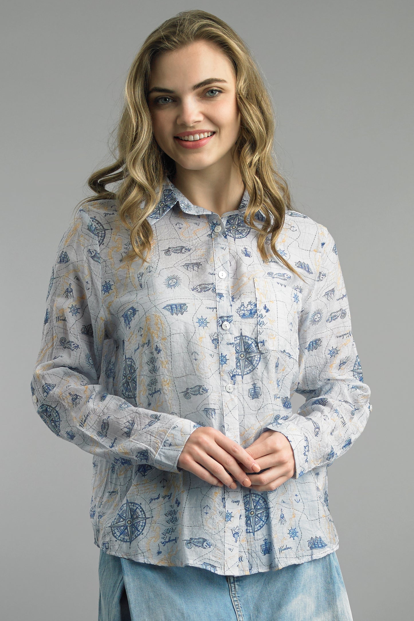 Lost at Sea multicolor breathable rayon blouse with nautical map print from TEMPO PARIS, Fredericksburg TX