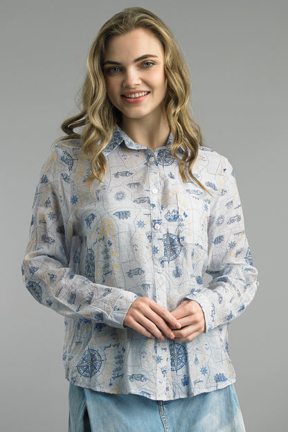 Lost at Sea multicolor breathable rayon blouse with nautical map print from TEMPO PARIS, Fredericksburg TX