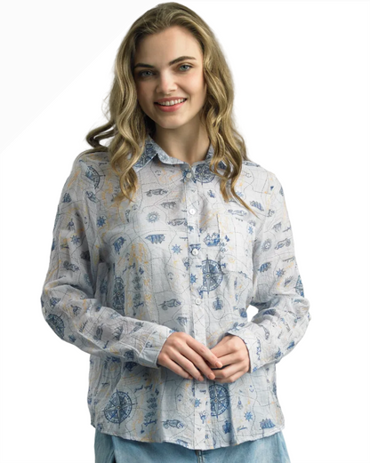 Lost at Sea blouse in multicolor breathable rayon with nautical print, TEMPO PARIS, HCO Fredericksburg TX