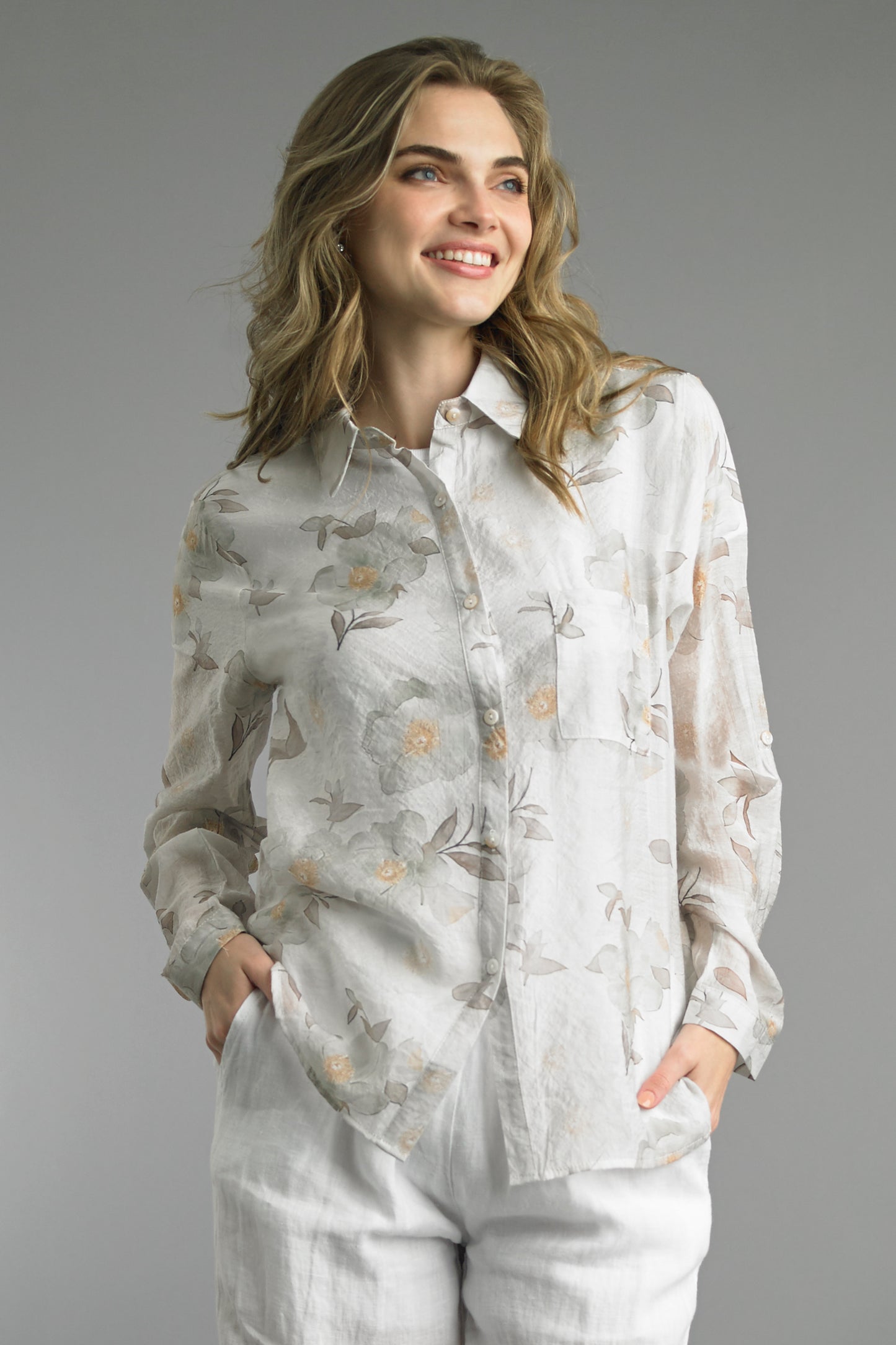 Camellias breathable rayon blouse with subtle floral pattern, TEMPO PARIS, Fredericksburg TX boutique