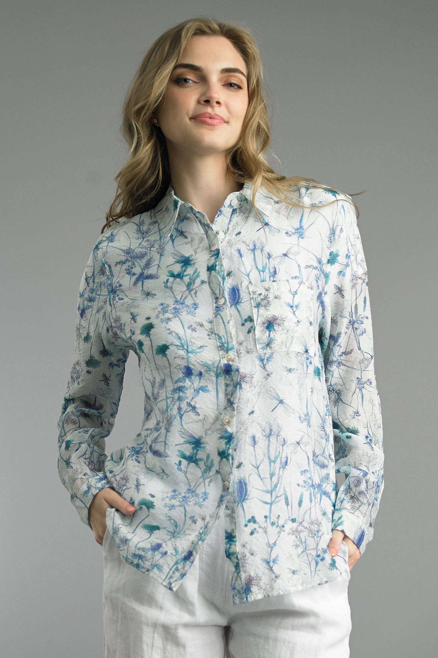 Thistles and Dragonflies blouse in breathable rayon with delicate blue floral print, TEMPO PARIS, HCO sale