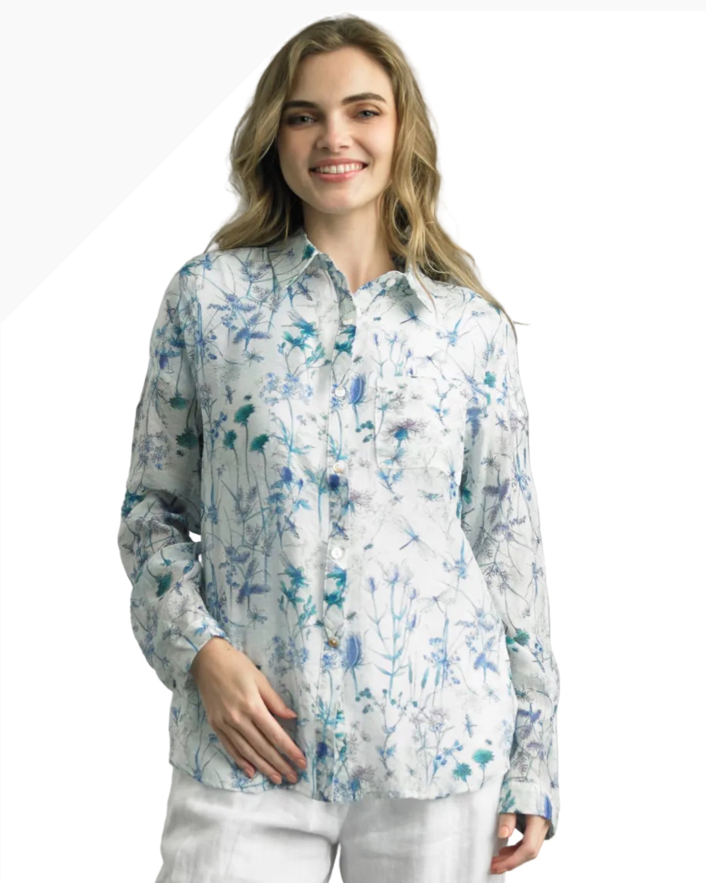Thistles and Dragonflies blouse in breathable rayon with soft blue floral print, TEMPO PARIS, HCO sale