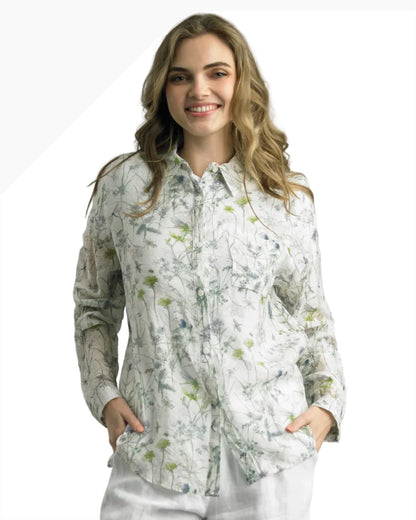 Thistles and Dragonflies floral rayon blouse in soft breathable fabric from TEMPO PARIS HCO sale