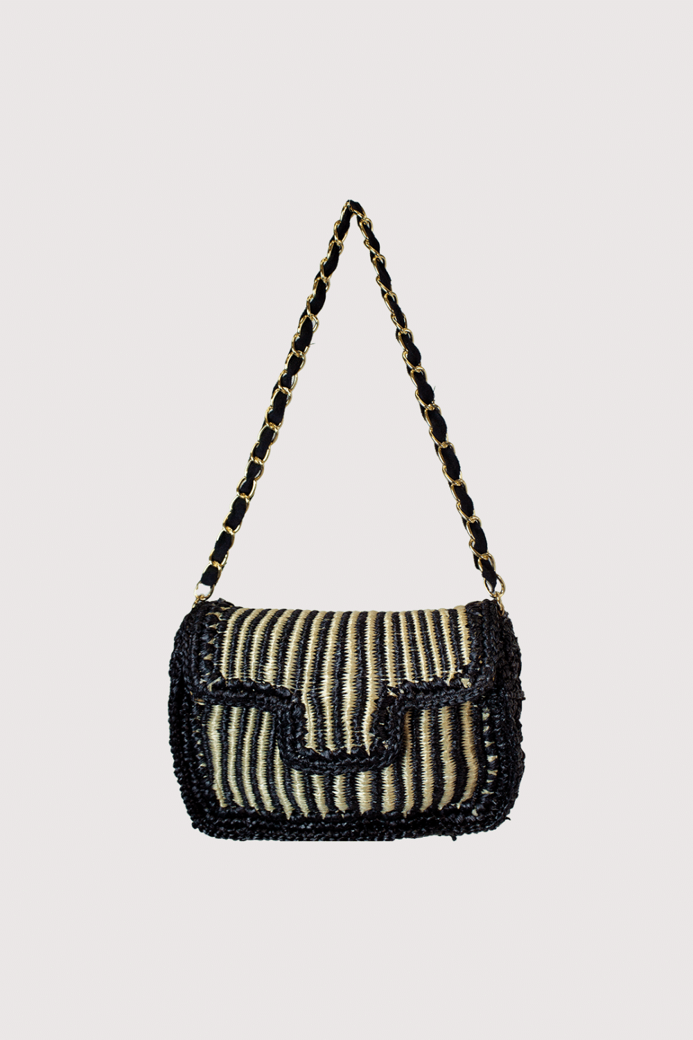 Black Cream Raffia Jute Bag with striped design and chain strap by LA CHIC, Women's Purses HCO
