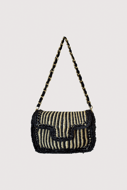 Black Cream Raffia Jute Bag with striped design and chain strap by LA CHIC, Women's Purses HCO