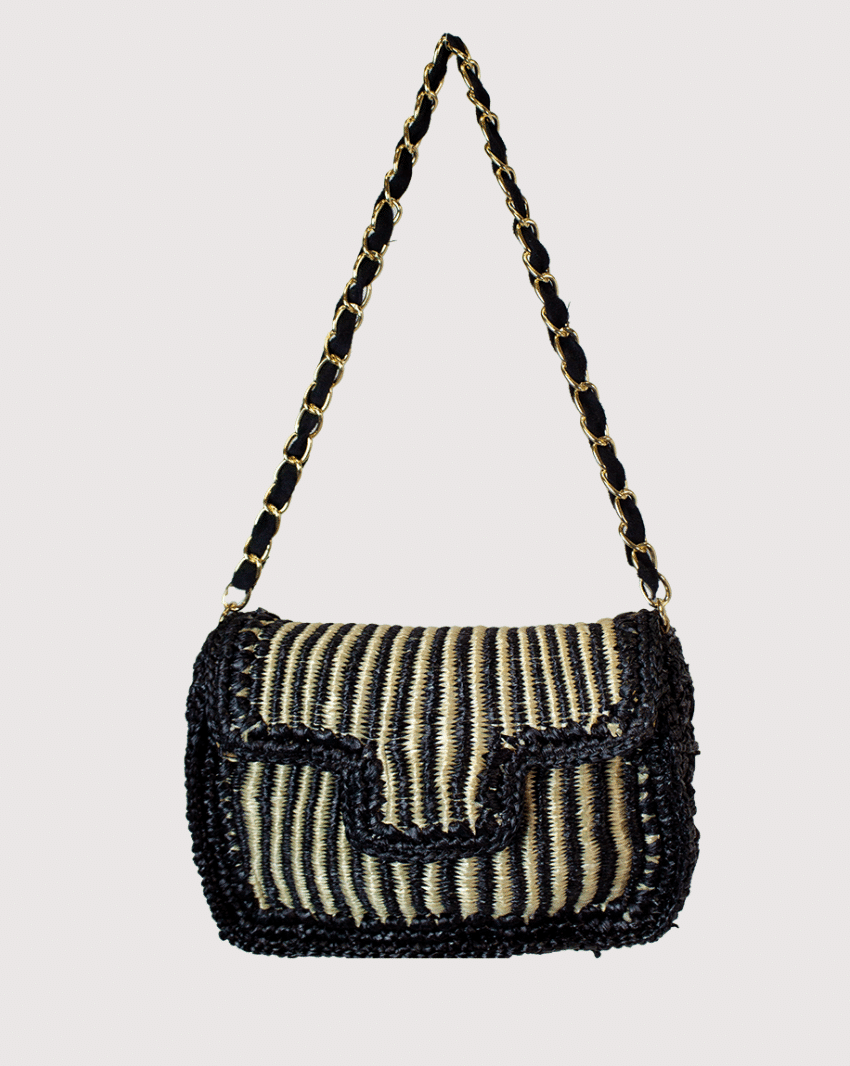 Black Cream Raffia Jute Bag with striped raffia and black trim, LA CHIC, Women's Purses HCO
