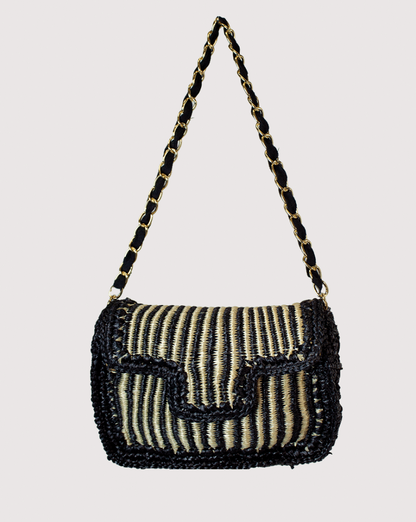 Black Cream Raffia Jute Bag with striped raffia and black trim, LA CHIC, Women's Purses HCO
