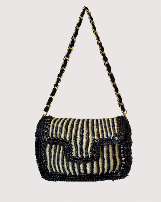 Black Cream Raffia Jute Bag with striped raffia and black trim, LA CHIC, Women's Purses HCO