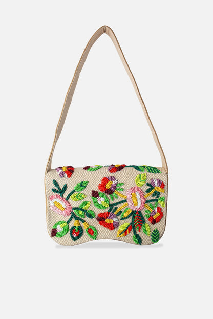 Flower Canvas Beaded Shoulder Bag with vibrant hand-beaded floral design, LA CHIC, Women's Purses HCO