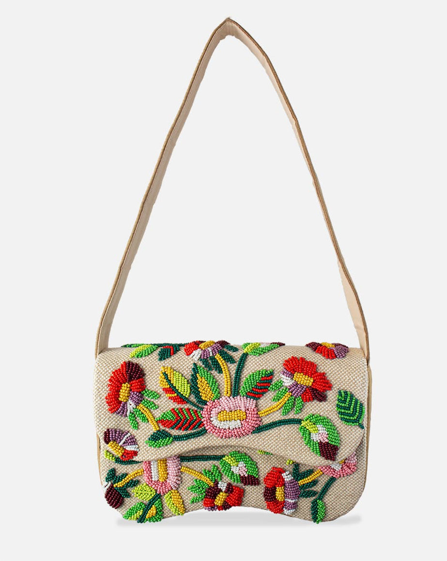Flower Canvas Beaded Shoulder Bag with vibrant hand-beaded floral design by LA CHIC, Women's Purses HCO