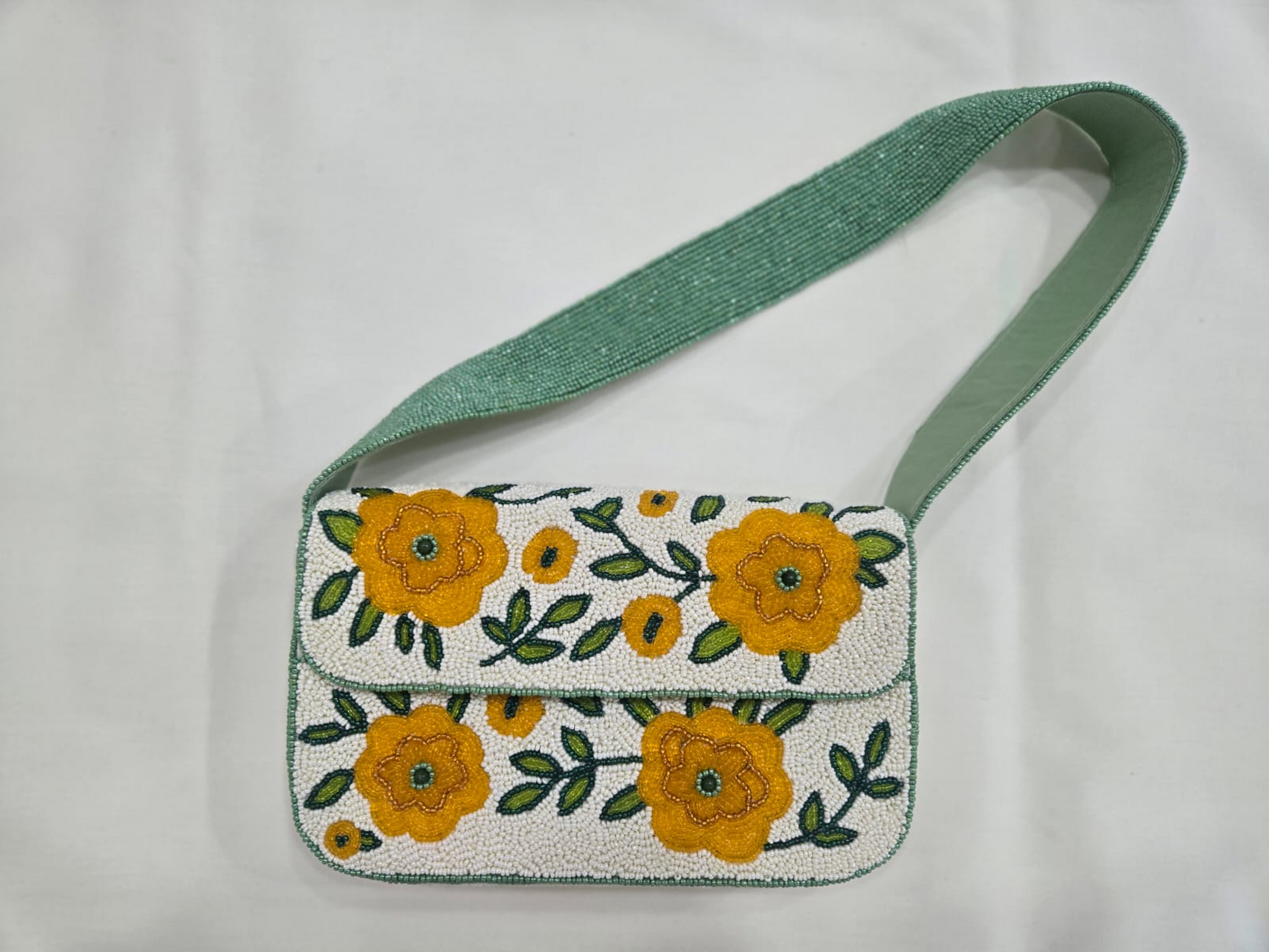 Golden Era Shoulder Bag with hand-beaded yellow floral design and green strap by LA CHIC, Women's Purses HCO