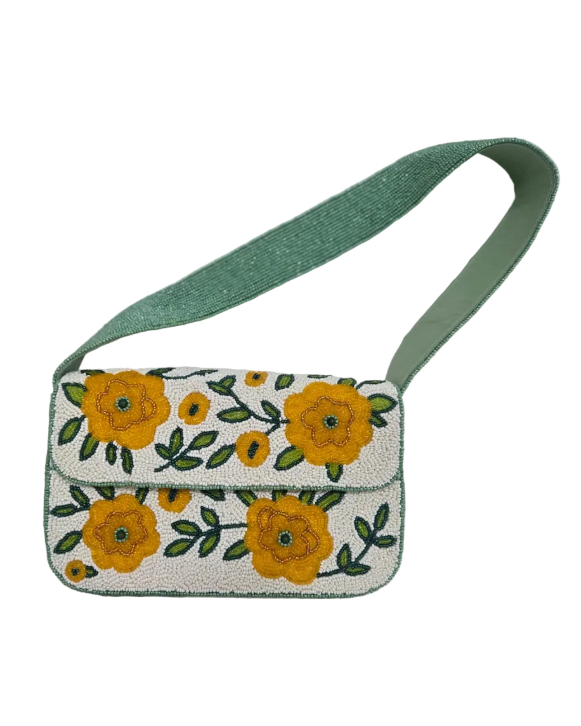 Golden Era Shoulder Bag with hand-beaded yellow floral design and green strap by LA CHIC, Women's Purses HCO
