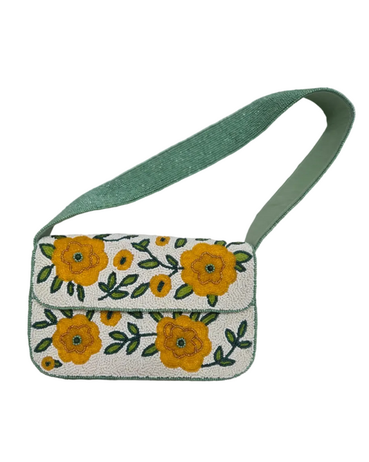 Golden Era Shoulder Bag with hand-beaded yellow floral design and green strap by LA CHIC, Women's Purses HCO