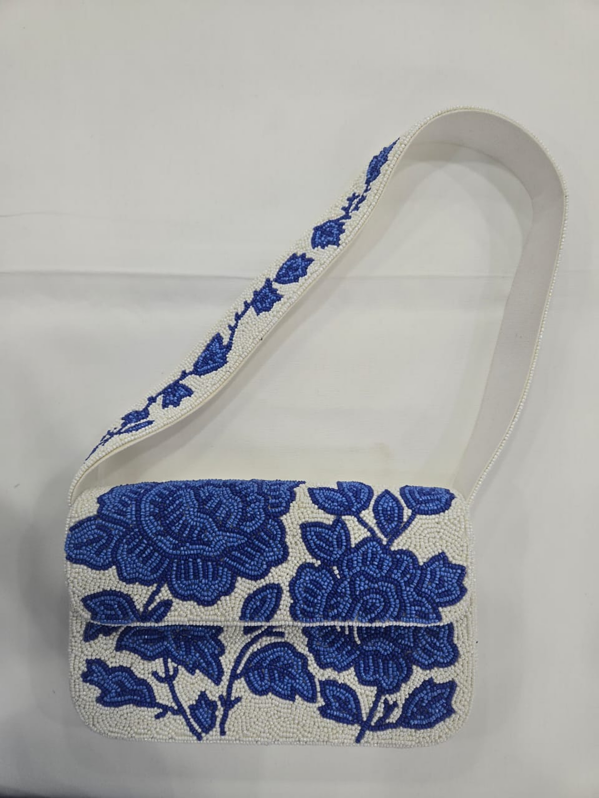 Blue Flowers Single Sided Shoulder Bag with hand-beaded blue floral design, LA CHIC Women's Purses HCO