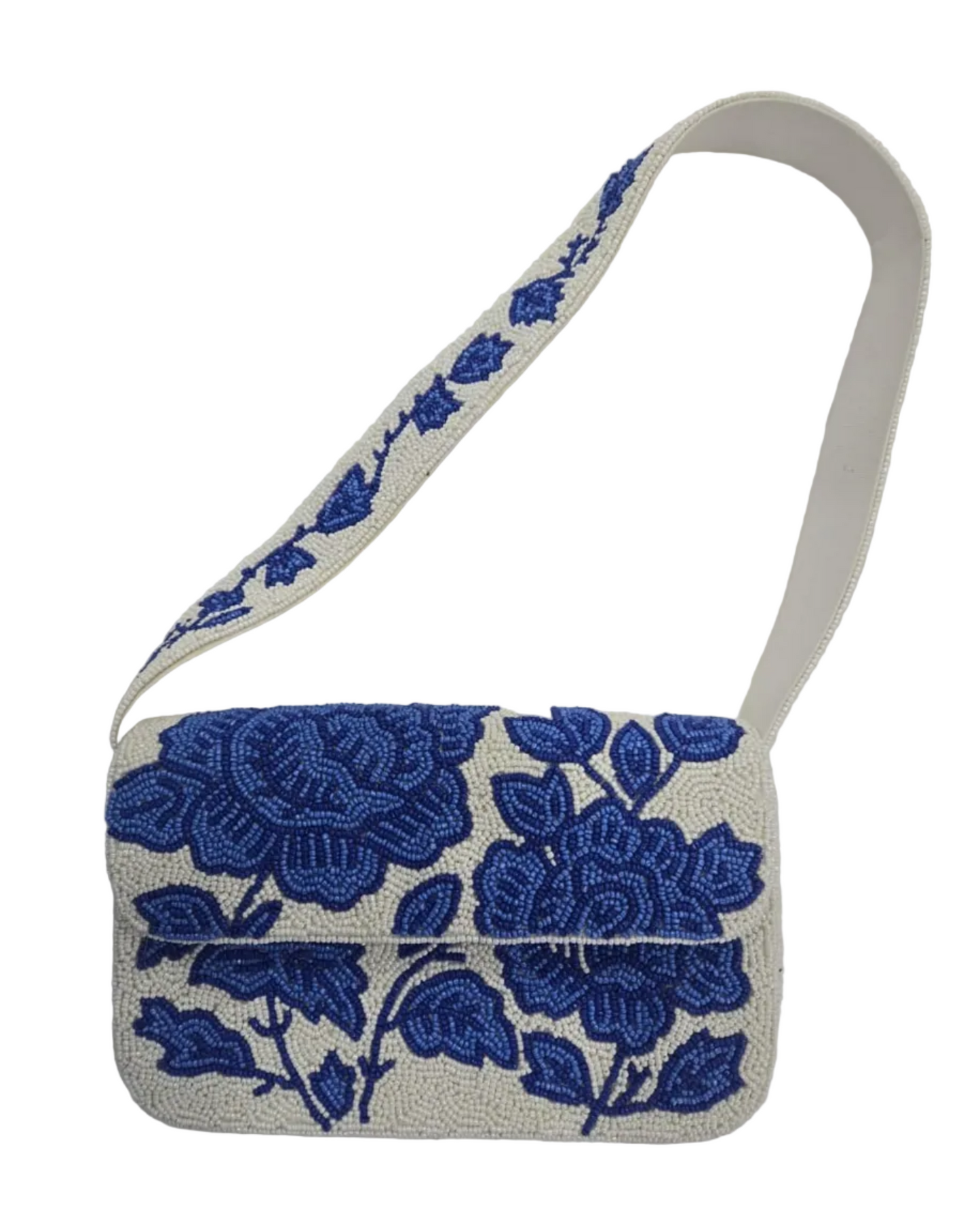 Blue Flowers Single Sided Shoulder Bag with hand-beaded blue floral design, LA CHIC, Women's Purses HCO