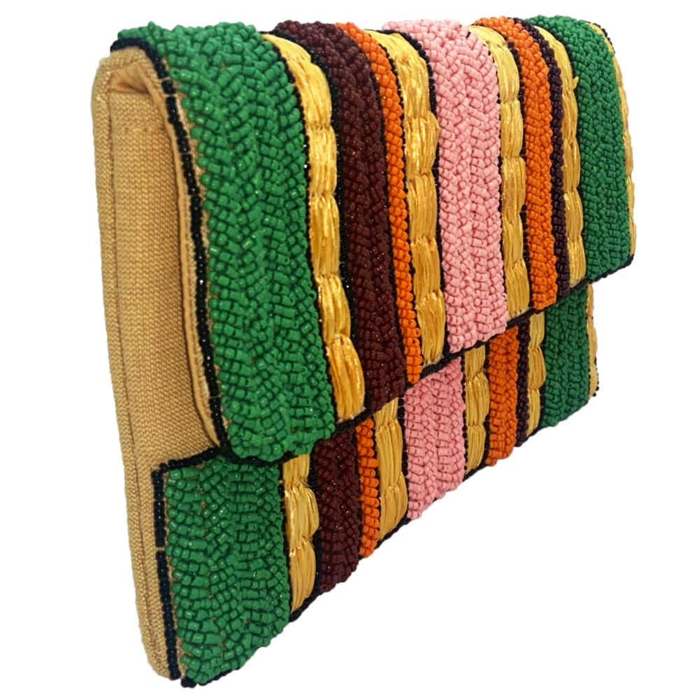 Striped Jute Tropical Beaded Clutch