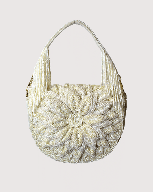 Ivory Dahlia Beaded Handbag