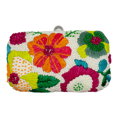 Tropical Flower Hard Clutch with vibrant hand-beaded florals and raffia, Women's Purses HCO curated