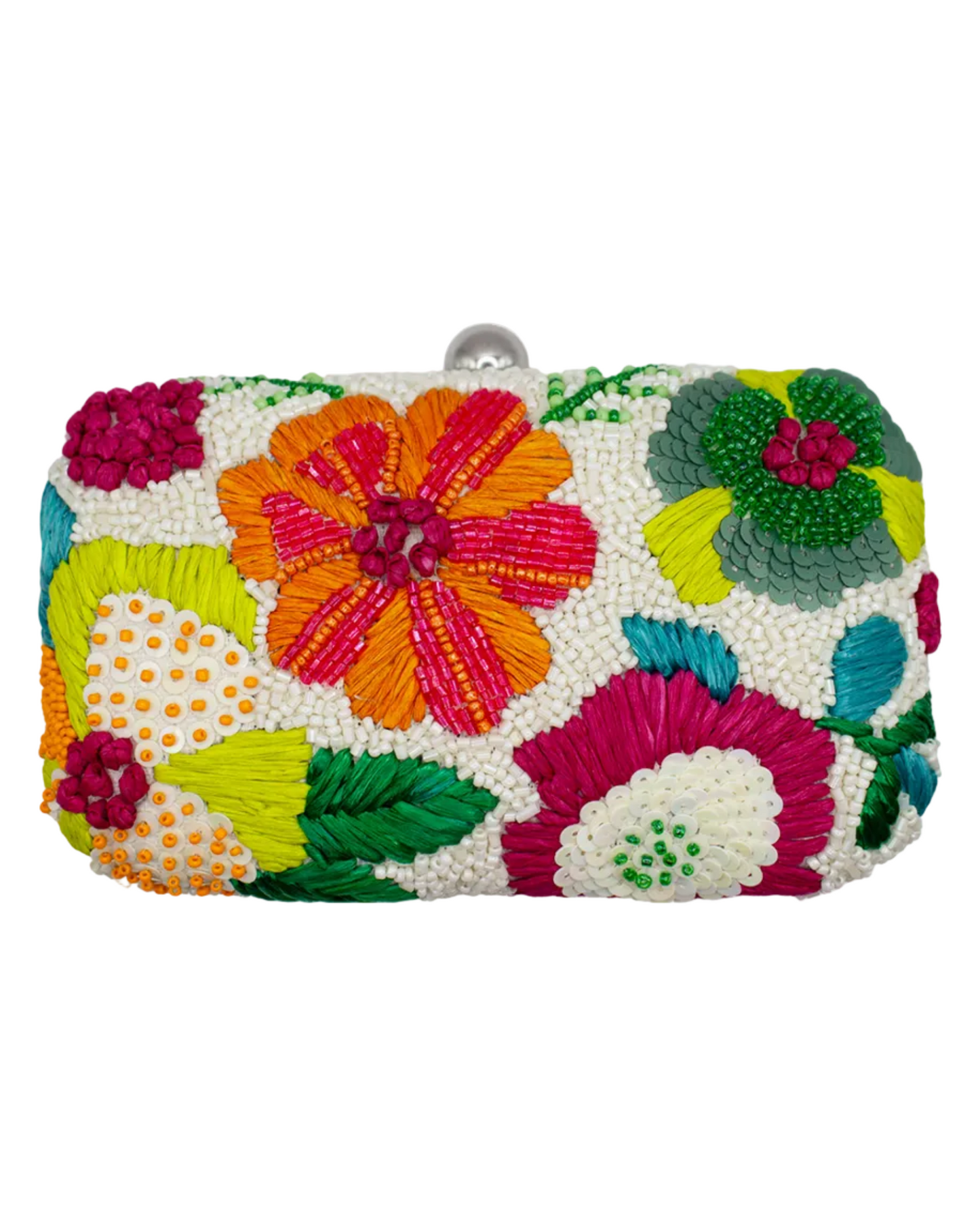 Tropical Flower Hard Clutch with vibrant beaded florals and raffia, curated Women's Purses HCO TX