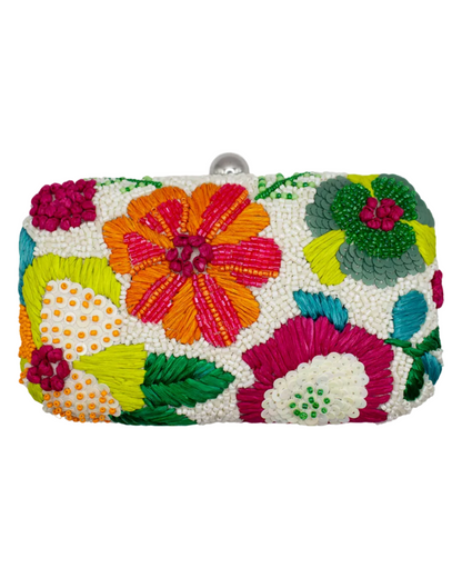 Tropical Flower Hard Clutch with vibrant beaded florals and raffia, curated Women's Purses HCO TX