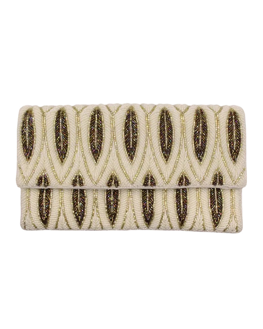Gold Feather Leaves Beaded Clutch