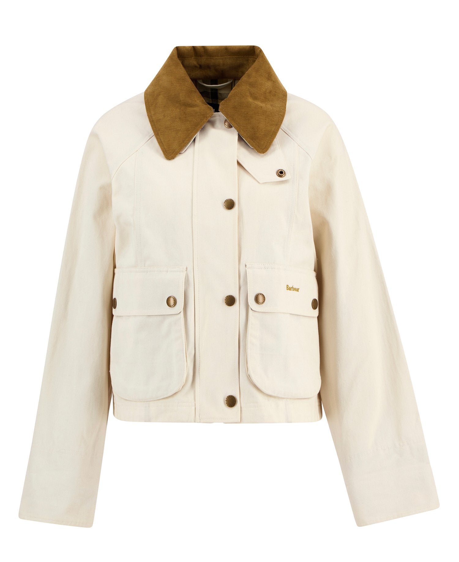 Cropped Beadnell Casual Jacket in beige cotton with contrasting brown detachable cord collar by BARBOUR INC.