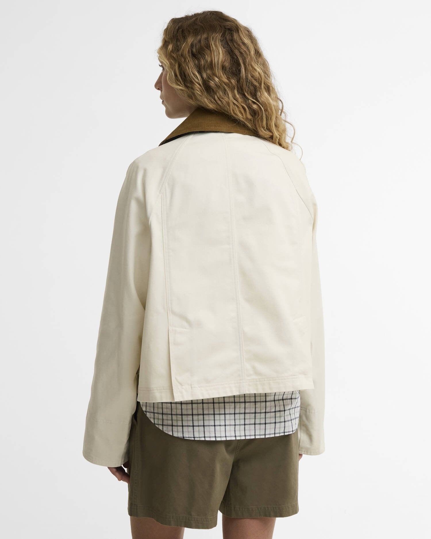 Cropped Beadnell Casual Jacket in beige cotton with detachable cord collar, shown from back view