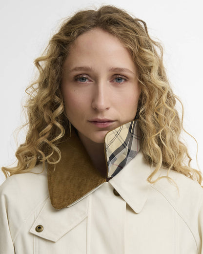 Cropped Beadnell Casual Jacket in beige cotton with detachable cord collar and plaid lining detail
