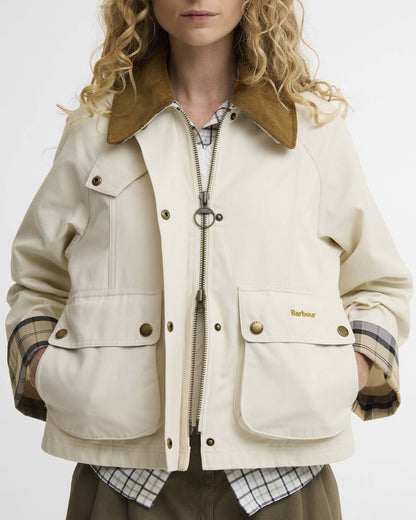 Cropped Beadnell Casual Jacket in beige cotton with cord collar and tartan cuffs by BARBOUR INC.