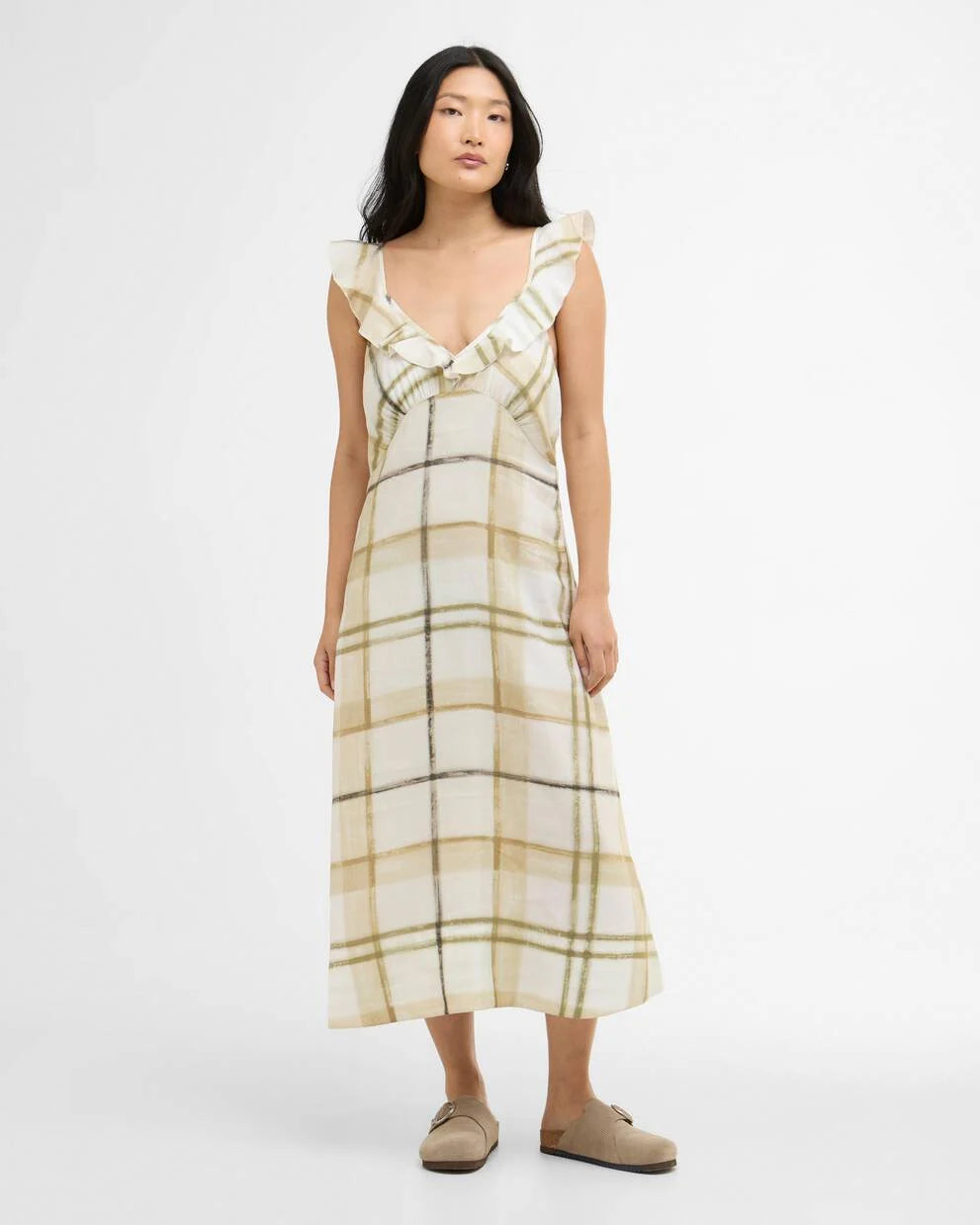 Gianna Midi Dress in beige plaid with ruffle armholes, relaxed fit styled for effortless Hill Country charm