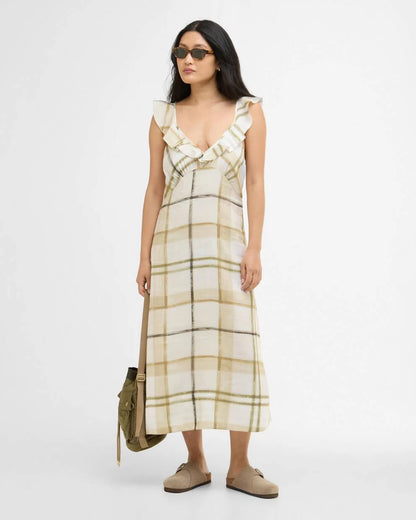 Gianna Midi Dress in beige plaid with ruffle armholes and relaxed flowing silhouette
