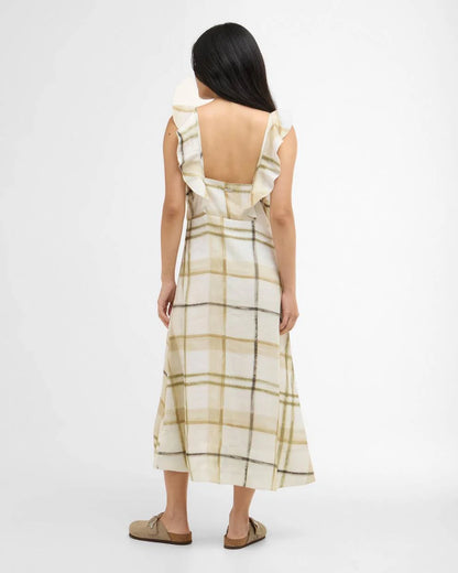 Gianna Midi Dress in beige plaid with open back and ruffle detailing, HCO Fredericksburg style