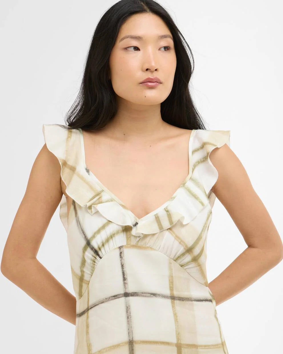 Gianna Midi Dress in beige plaid with ruffled neckline and relaxed, flowing fit by BARBOUR INC.