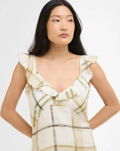Gianna Midi Dress in beige plaid with ruffled neckline and relaxed, flowing fit by BARBOUR INC.