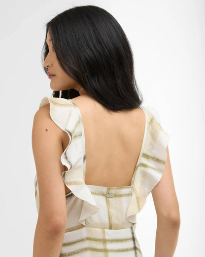 Gianna Midi Dress in beige plaid with open back and soft ruffle armholes by BARBOUR INC.