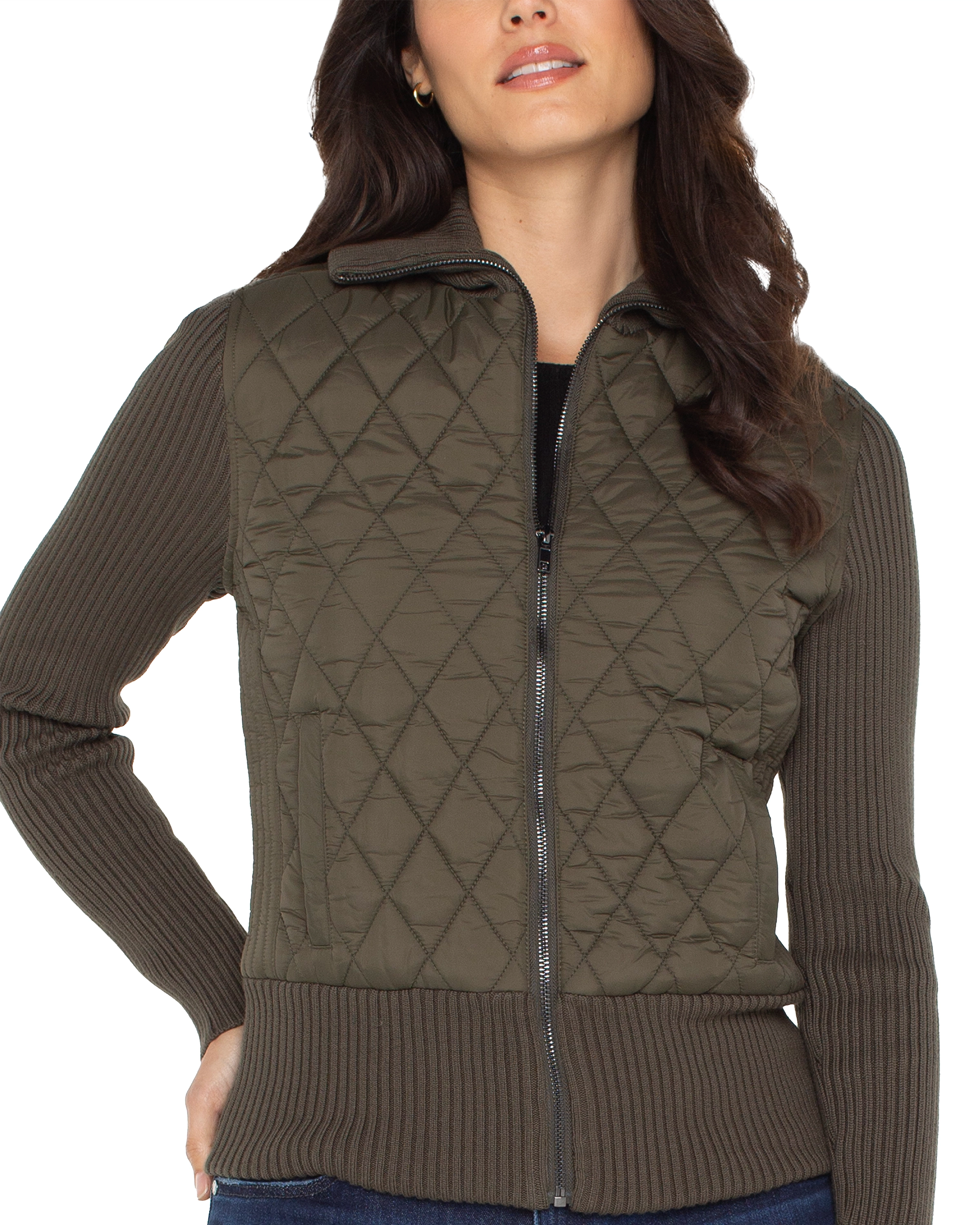 Long Slv Zip Front Sweater/Woven Jacket