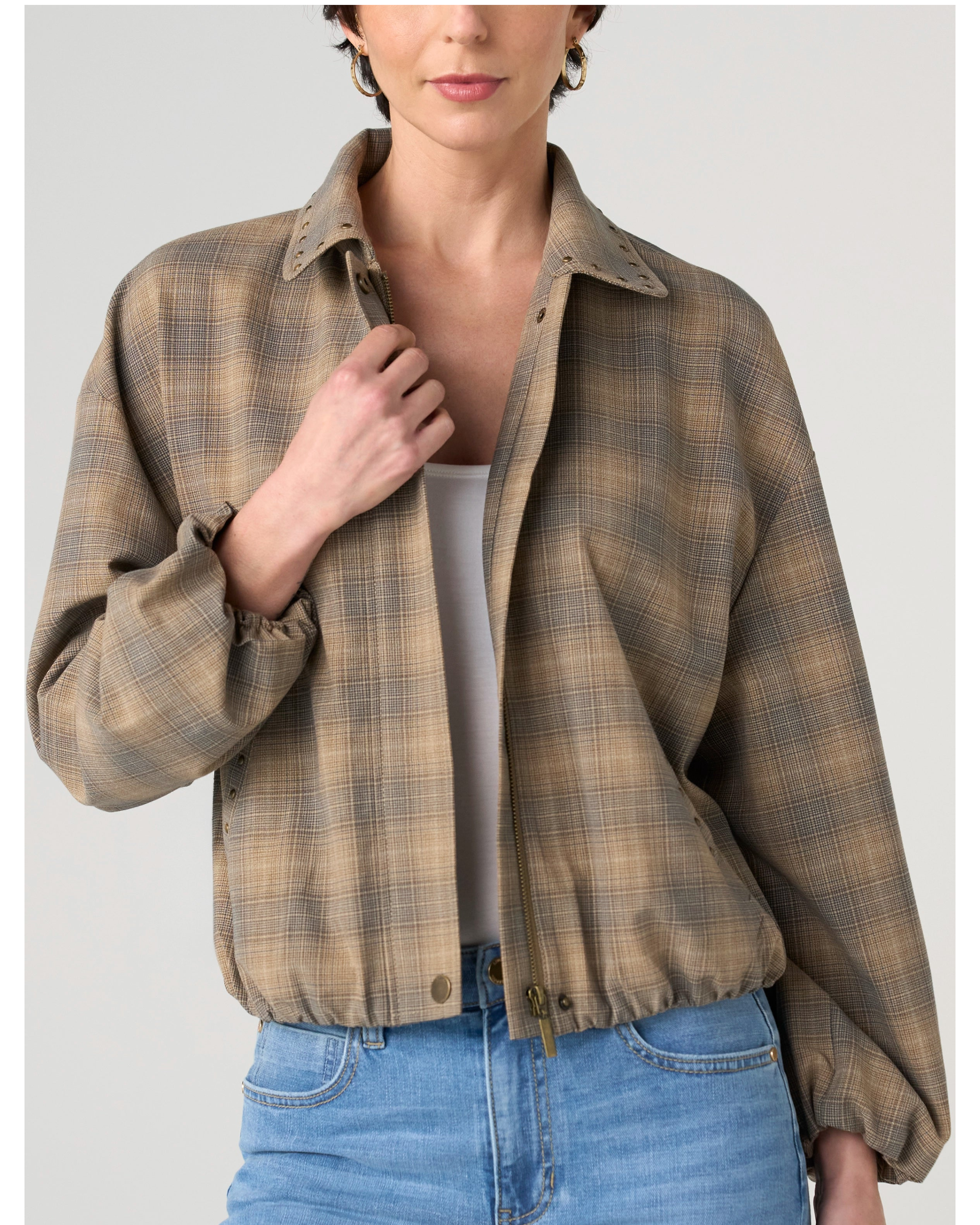 Bubble Hem Jacket in stretchable beige and brown ombre plaid with studded collar accents