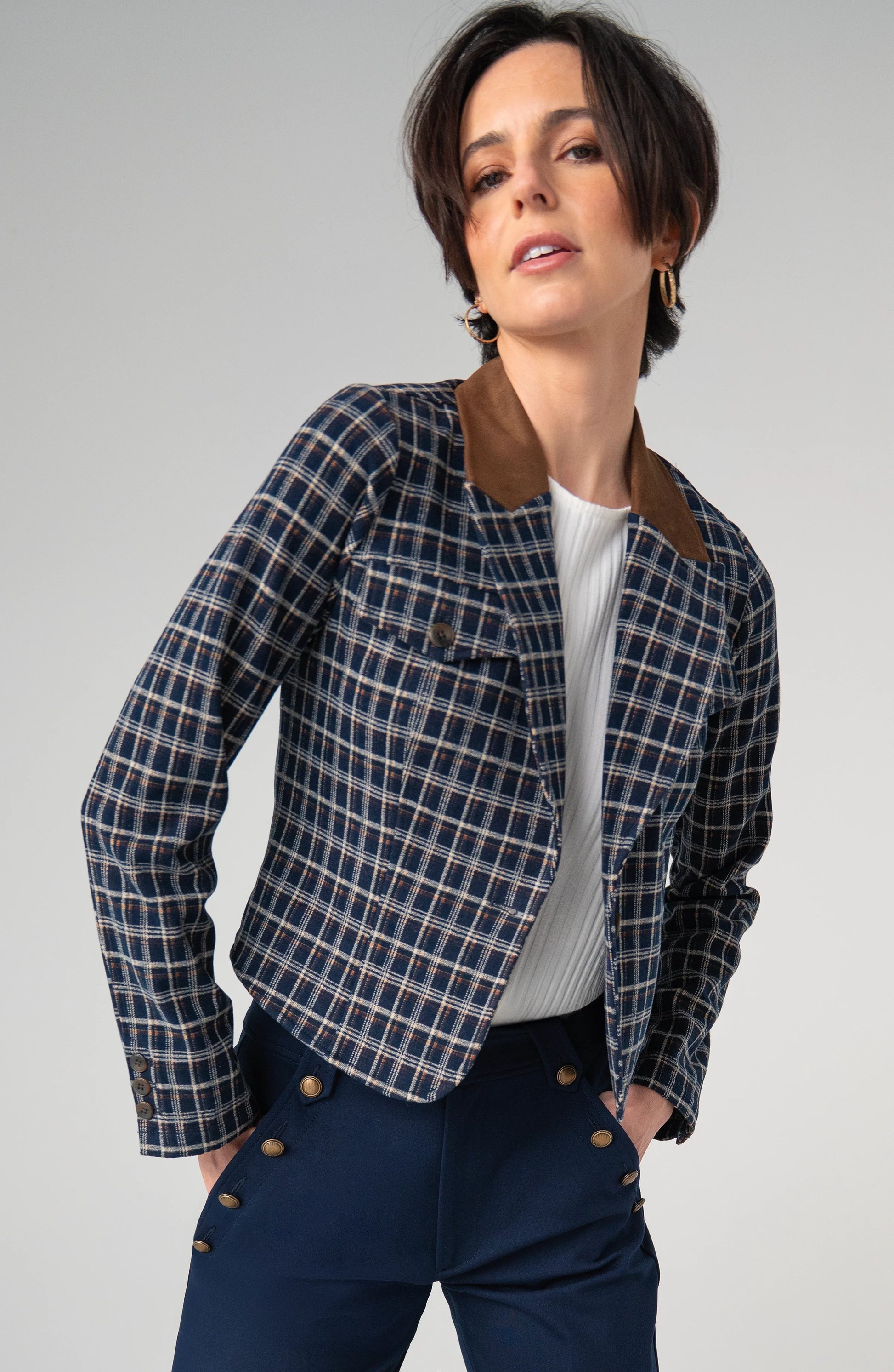 LIVERPOOL LOS ANGELES Cropped Blazer plaid womens structured jacket