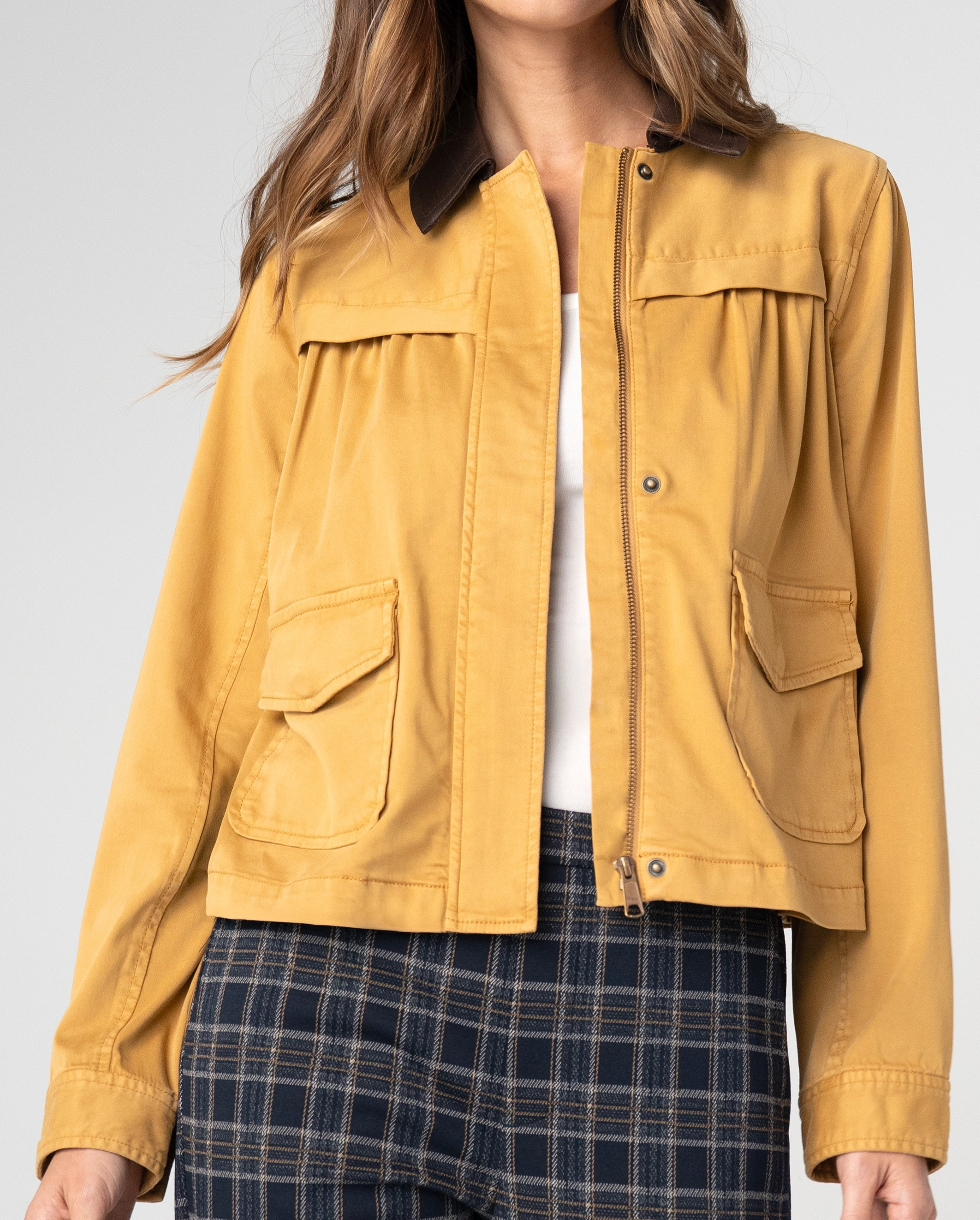 Collared Swing Jacket in stretch yellow with contrast collar and pockets from LIVERPOOL LOS ANGELES