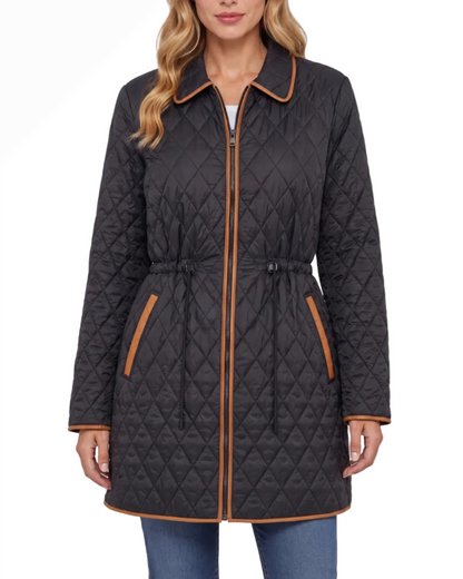 Quilted Coat W/ Cinched Waist in black by LIVERPOOL LOS ANGELES