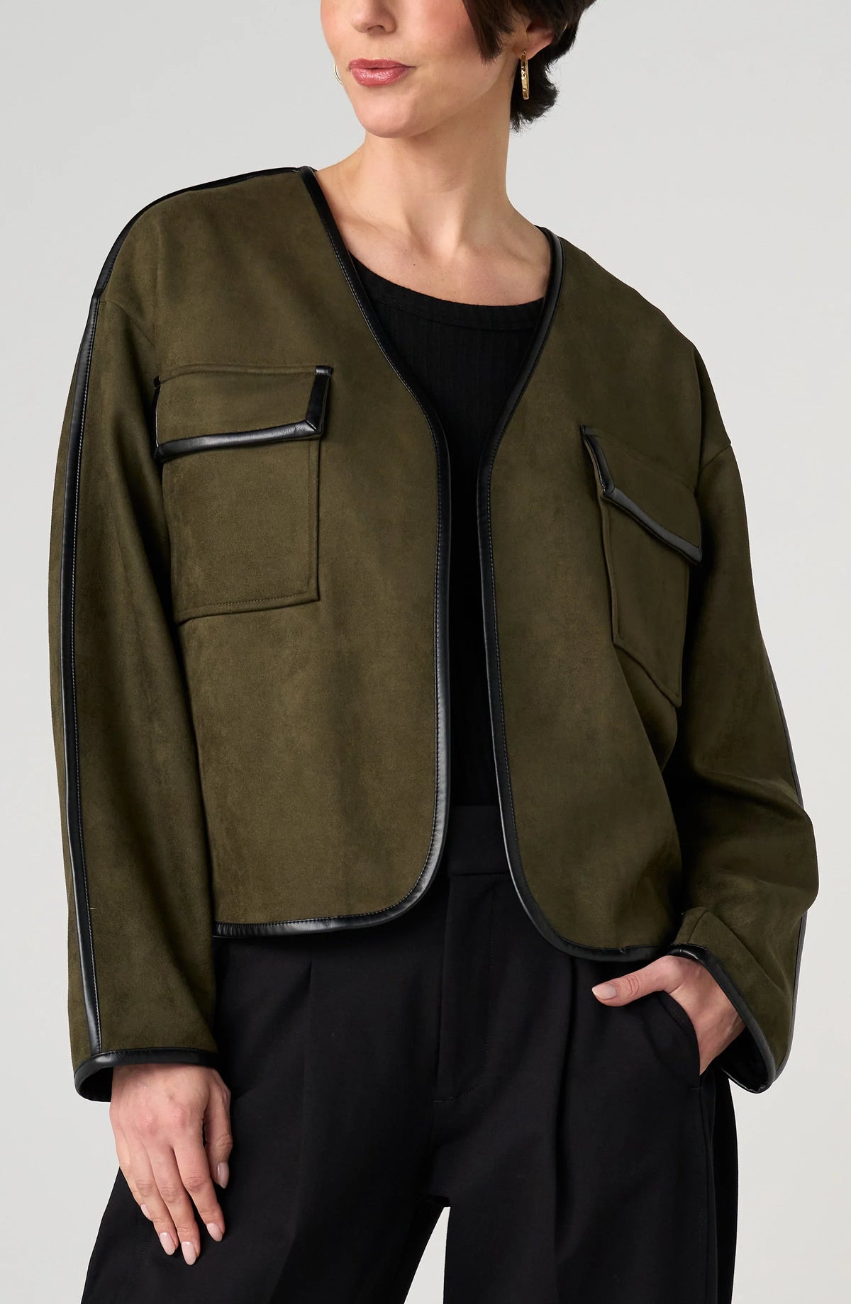 Relaxed Open Front Jacket in olive faux suede by LIVERPOOL LOS ANGELES