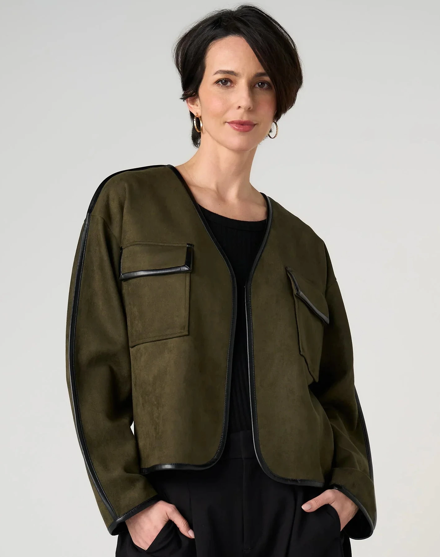 Relaxed Open Front Jacket in olive by LIVERPOOL LOS ANGELES