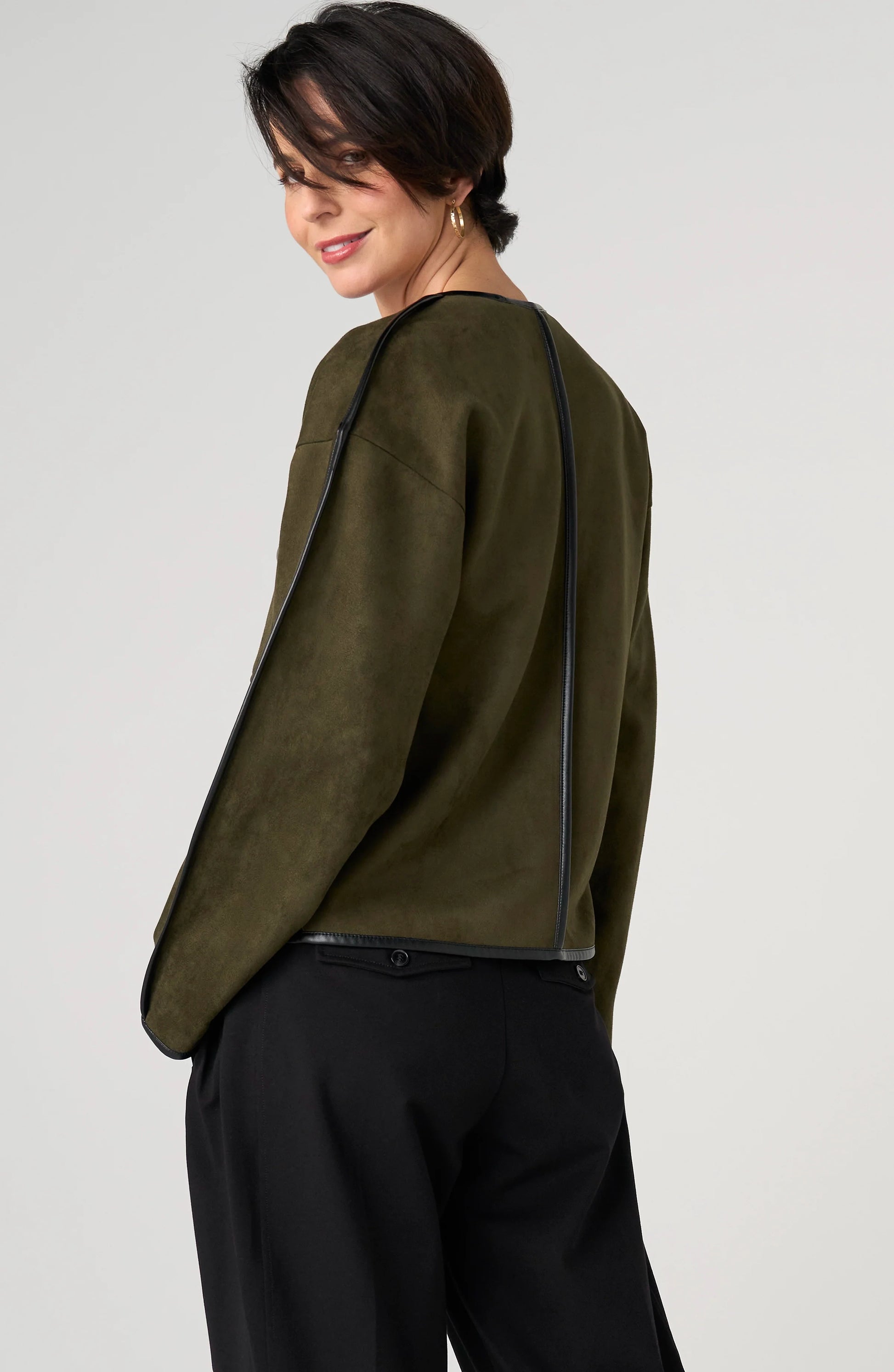 Relaxed Open Front Jacket in olive faux suede by LIVERPOOL LOS ANGELES