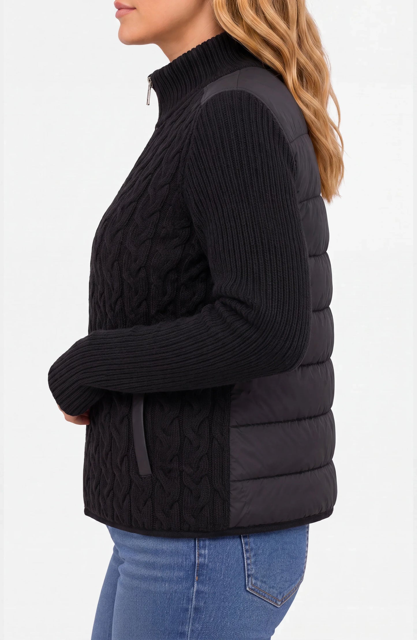 Zip Front Quilted Sweater Jacket in black by LIVERPOOL LOS ANGELES