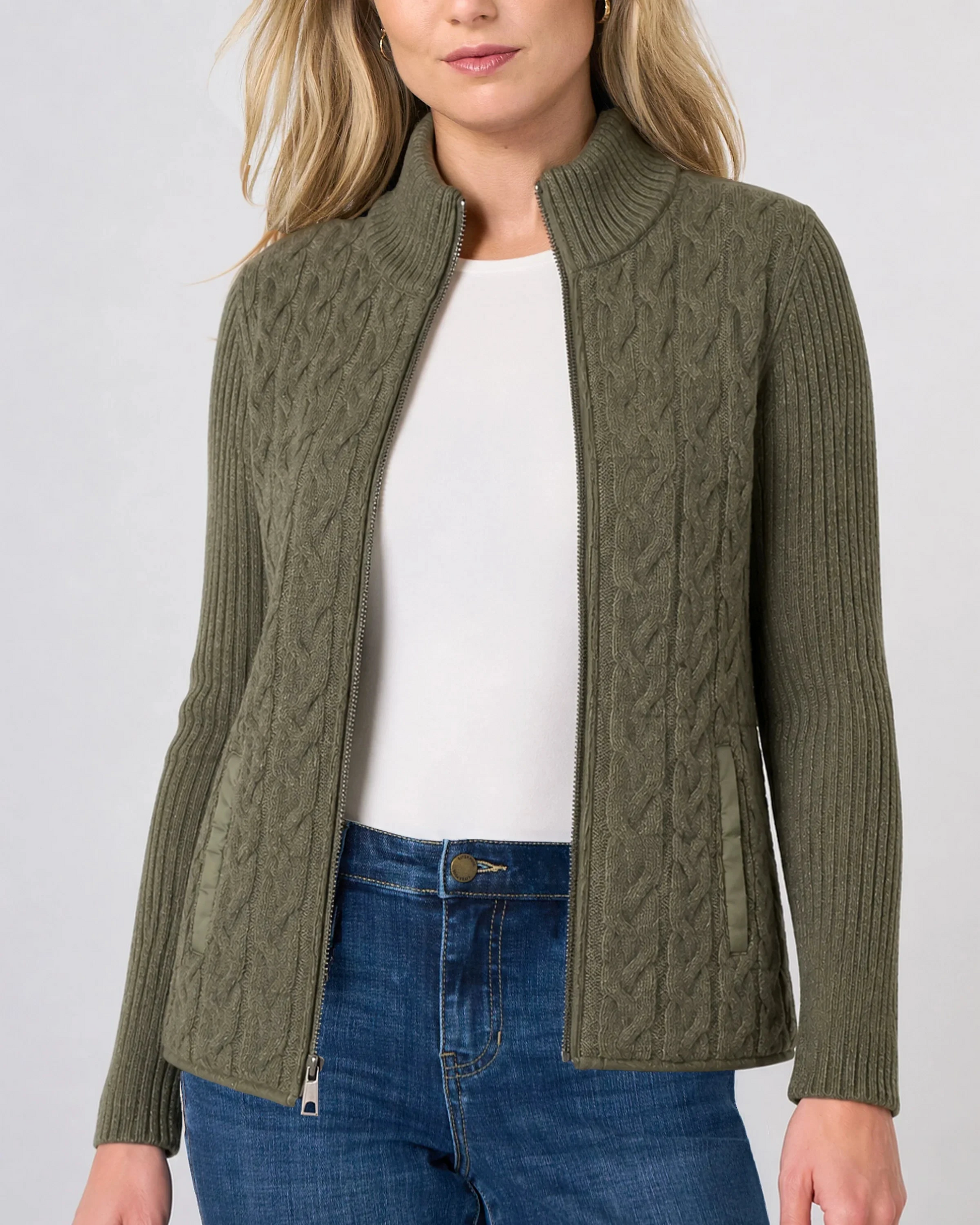 Green and black Zip Front Quilted Sweater Jacket by LIVERPOOL LOS ANGELES