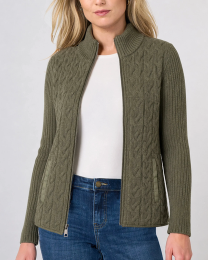 Green and black Zip Front Quilted Sweater Jacket by LIVERPOOL LOS ANGELES