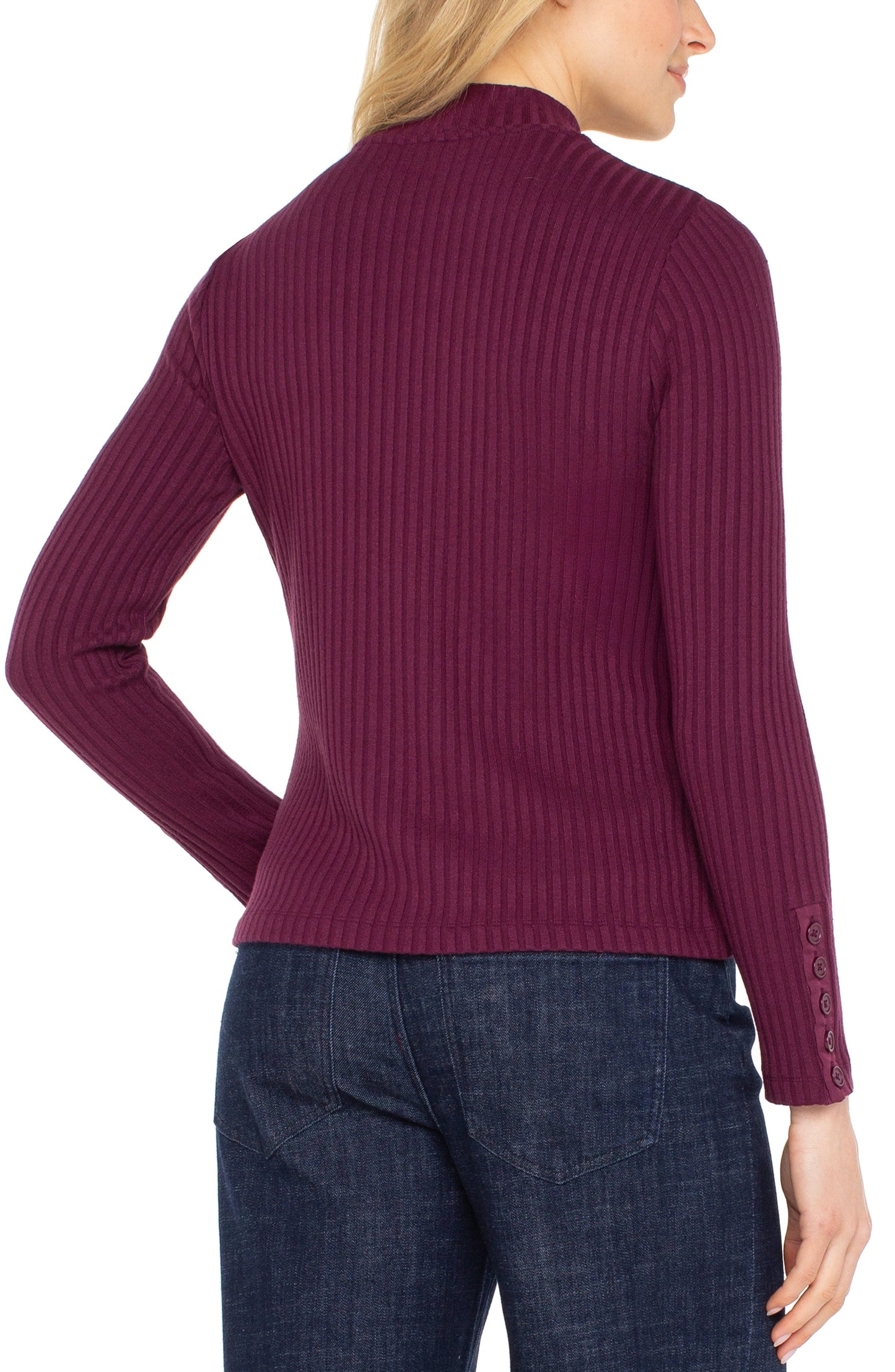 Long Sleeve Mock Neck Knit Top W/Button Detail