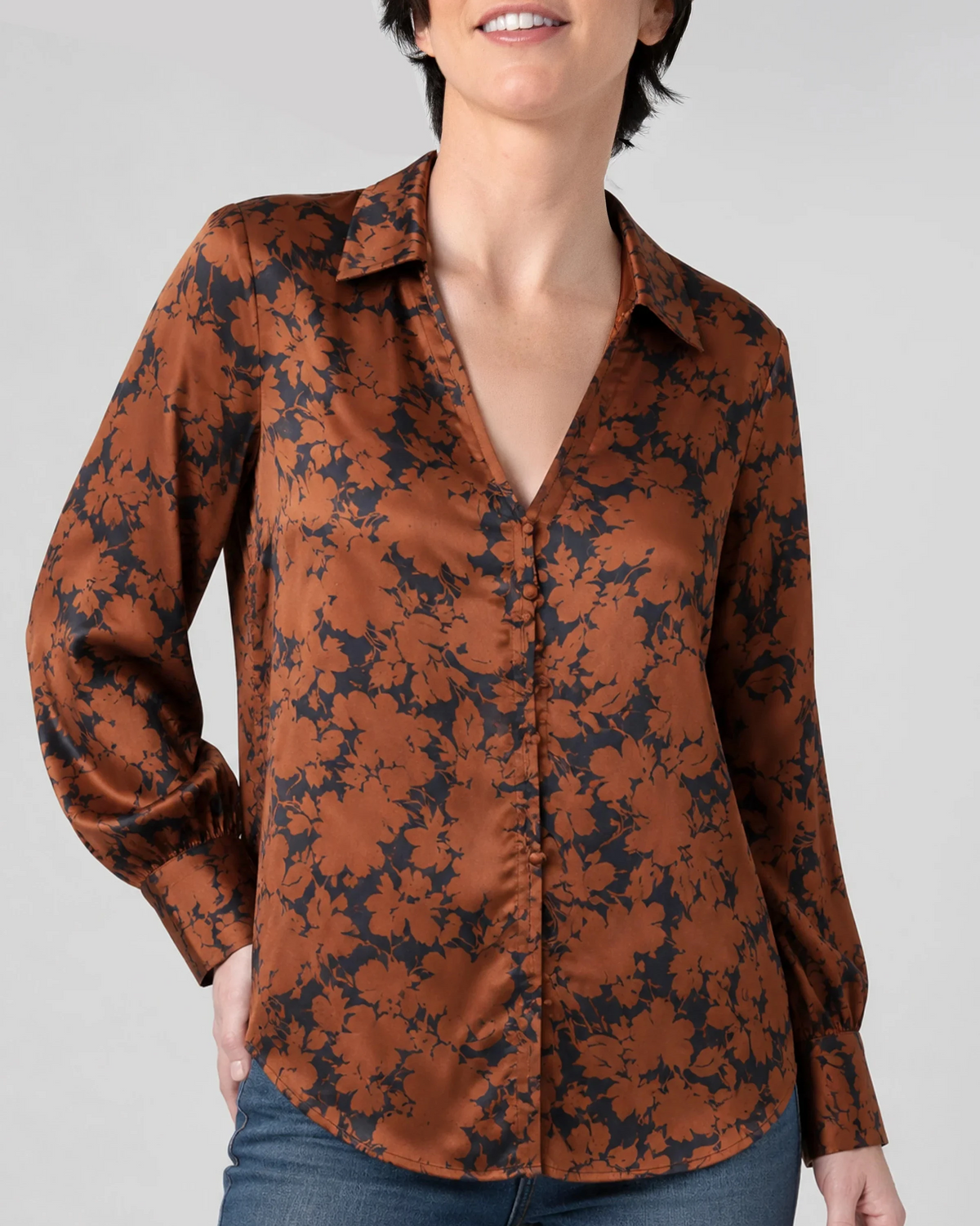 Button Front Woven Blouse in black and copper floral by LIVERPOOL LOS ANGELES