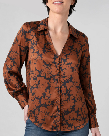 Button Front Woven Blouse in black and copper floral by LIVERPOOL LOS ANGELES