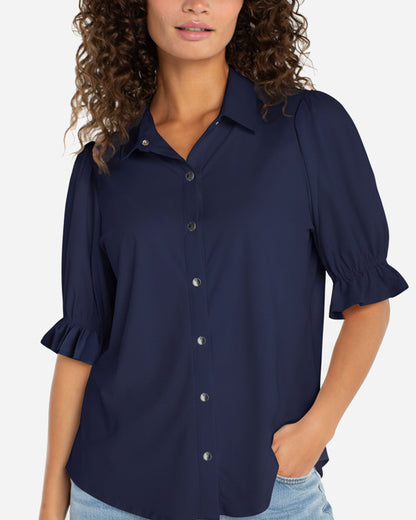 Elbow Puff Sleeve Snap Front Knit Shirt